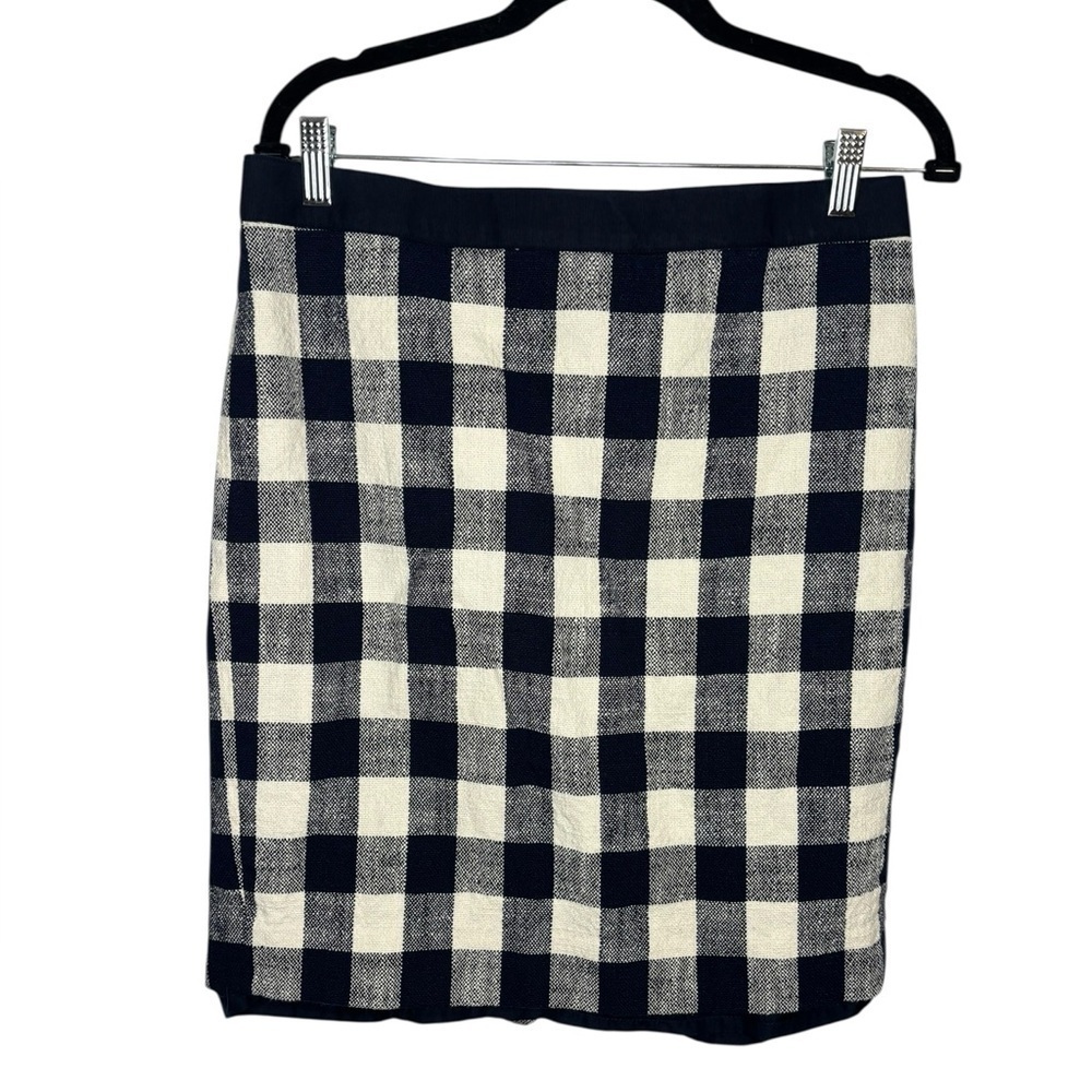 J. Crew Pencil Skirt Tweed Navy Off White Gingham Cotton Linen Academia Size 8